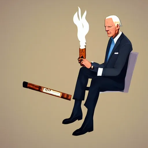 Prompt: joe biden holding a giant smokey joint while sitting on a couch in a messed up apartment, stoned eyes, smoke, beautiful digital art, amazing detail, artstation, award winning, sharp