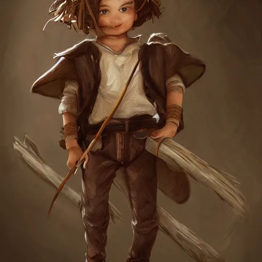 Image similar to highly realistic full body art, boy with brown hair and brown eyes, a wooden bow on his back, highly detailed and intricate, concept art illustration