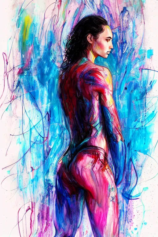 Image similar to gal gadot by agnes cecile enki bilal moebius, intricated details, 3 / 4 back view, full body portrait, extremely luminous bright design, pastel colours, drips, autumn lights