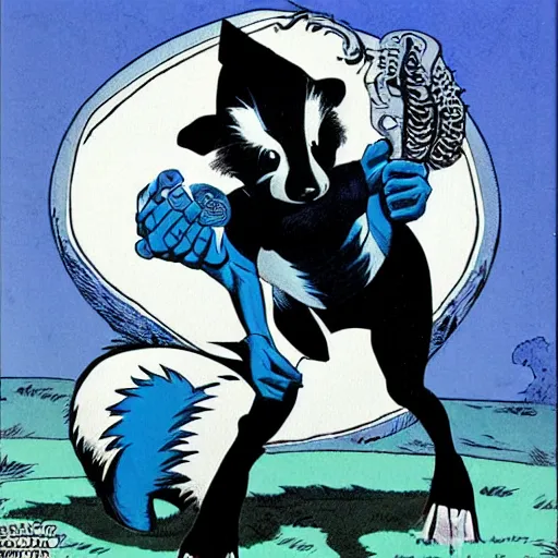 Image similar to a skunk that is blue by richard corben style