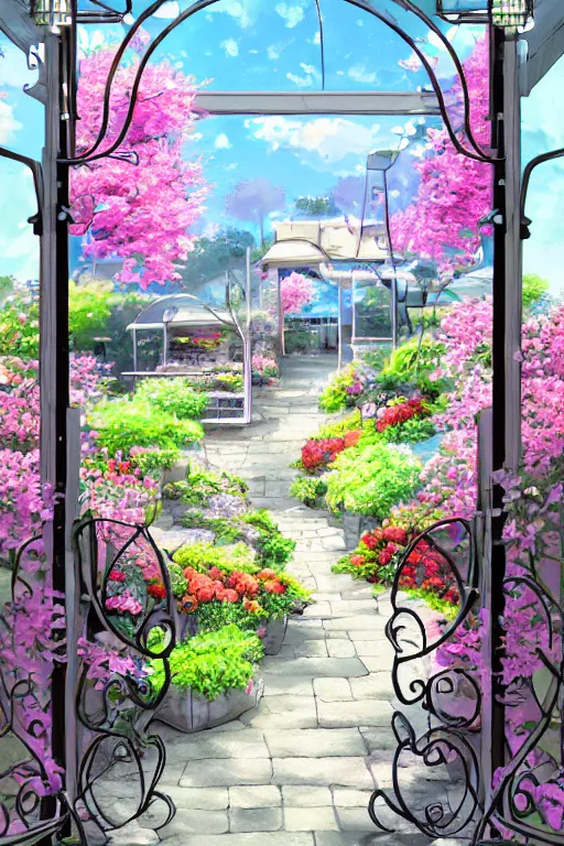 Image similar to a little flower shop's front gate, refreshing, digital illustration, pixiv, dramatic lighting