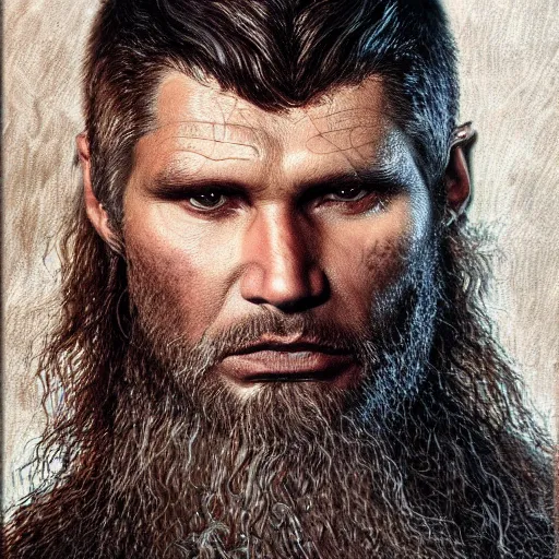 Image similar to of a viking from valhalla, wearing the horned helmet ultra fine detail, hair strands, ultra high resolution, fine texture detail, miniature painting techniques, perfect proportions, marvel cinematic universe, eric bana