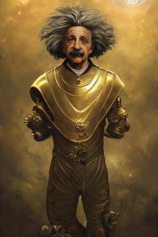 Prompt: breathtakingly beautiful painting of albert einstein in gold armor, moonlit sky, matte painting by brian froud, shaun tan, wlo and peter mohrbacher, highly detailed, intricate,, award winning artwork, trending on artstation, high quality printing, fine art with subtle redshift rendering