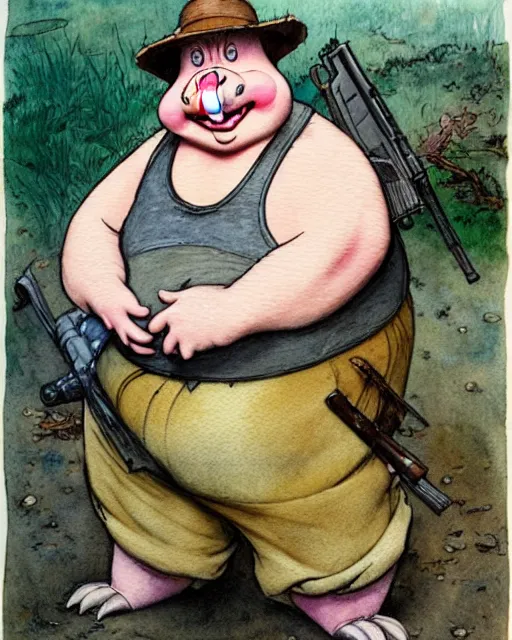 Prompt: a realistic and atmospheric watercolour fantasy character concept art portrait of a fat adorable dirty chibi porky pig wearing a wife beater and holding a rifle, by rebecca guay, michael kaluta, charles vess and jean moebius giraud