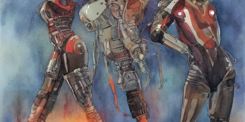 Image similar to female, full body, wide shot, modern space suit, intriguing helmet, stylized character design, the expanse tv series, large shoulders, short torso, long thin legs, tiny feet, science fiction, hyperdetailed, technical suit, dieselpunk, watercolor digital painting, in the style of bruce timm, by alex maleev