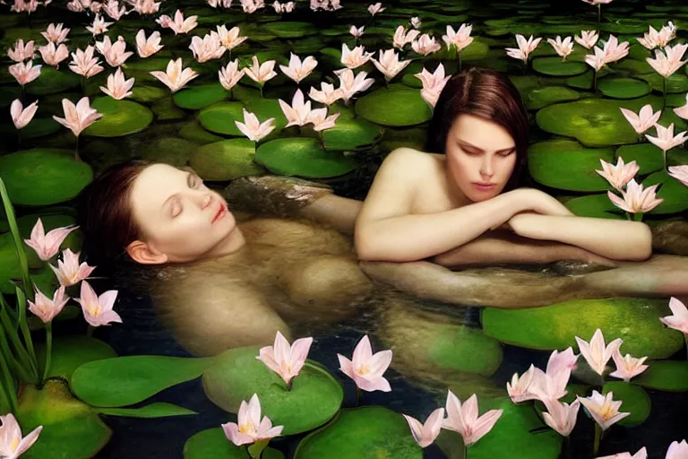 Image similar to hyperrealistic cinematic 3 d close up portrait of a woman's head and shoulders floating in a pond, detailed facial features, surrounded by a forrest of lillies, deep focus, intricate, elegant, by bill henson and gregory crewdson and james jean