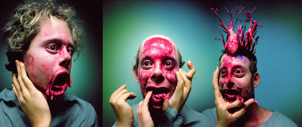 Image similar to award winning photo of a todd solondz charles thompson iv eating magic mushrooms and becoming god, sad and happy, crying and smiling franticly, vivid colors, happy, symmetrical face, beautiful eyes, studio lighting, wide shot art by sally mann & arnold newman