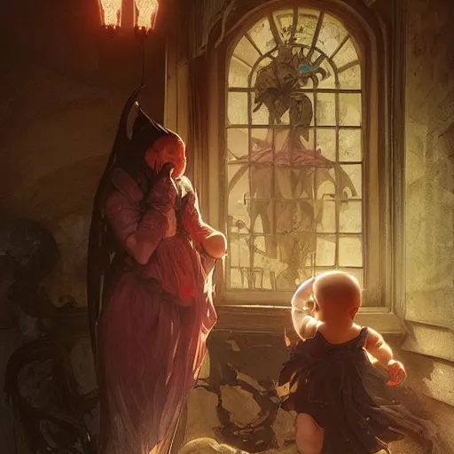 Prompt: evil baby eating demon in old house, highly detailed, digital painting, interior, artstation, concept art, smooth, sharp focus, illustration, Unreal Engine 5, 8K, art by artgerm and greg rutkowski and alphonse mucha