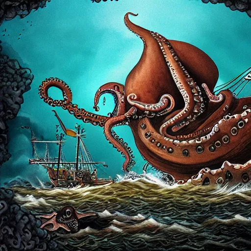 Prompt: a highly detailed illustration of a giant octopus eating a sinking pirate ship by Geiger