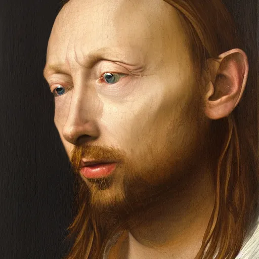 Prompt: Renaissance oil portrait of Thom Yorke as a scholar, high-quality realistic oil painting with detailed strokes, Thom Yorke as a robed Renaissance scholar