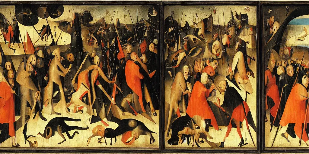 Prompt: A moshpit, oil on oakwood, triptych, by Hieronymous Bosch