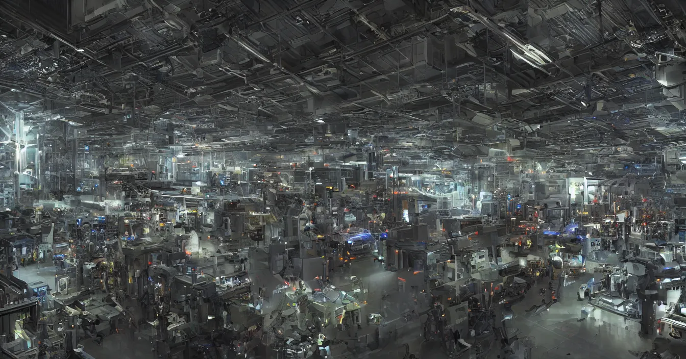 Prompt: Realistic detail photo of a factory interier for mech warrior production, full of various electronic and mechanical mech parts, devices and instruments, with hardware engineers and scientists walking around, spotlights from ceiling, incredible sharp details, light contrast, dark atmosphere, bright vivid colours, reflections, metal speculars, rendered in Unreal Engine, Redshift, journalistic photography from year 2194,