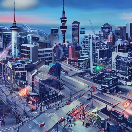 Image similar to photo realistic auckland city attacked by laser kiwi, artstation