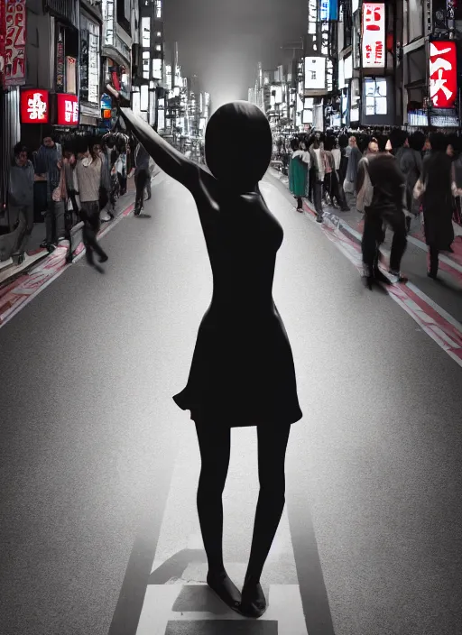 Image similar to demonic girl without head standing in the middle of the crowded tokyo street, photorealistic, canon r 3, symmetry, octane render, unreal engine, dramatic lights