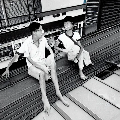 Image similar to two singaporean students in uniform sitting on the roof of a hdb flat, by moebius