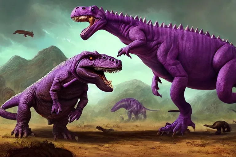 Prompt: barney the purple dinosaur, in a prehistoric landscape, surrounded by larger predatory dinosaurs, tyrannosaurus, fantasy art, barney and friends, greg rutkowski, concept art, highly detailed, artstation, artgerm, behance, cgsociety, natural history