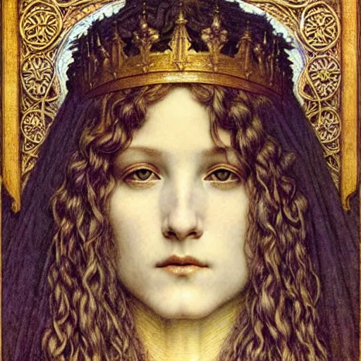 Image similar to detailed realistic beautiful young medieval queen face portrait by jean delville, gustave dore and marco mazzoni, art nouveau, symbolist, visionary, gothic, pre - raphaelite. horizontal symmetry