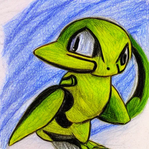 Image similar to a children's drawing of snivy, crayon, paper