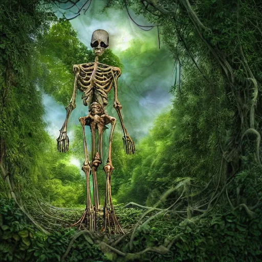 Prompt: a gigantic ethereal godlike skeletal being at the edge of a city, ancient, covered in overgrown leaves and vines and plants, hdr, digital art, dramatic composition