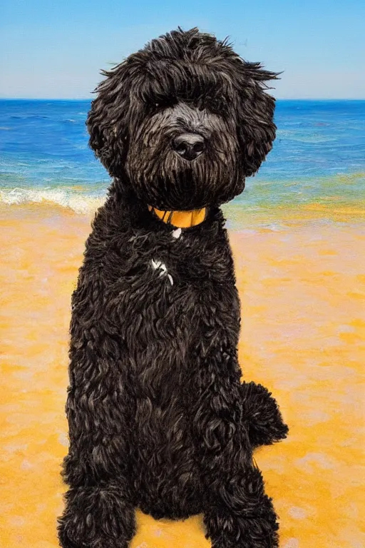 Prompt: portrait of a portuguese water dog on a beach, highly detailed, oil painting, photorealistic, golden hour
