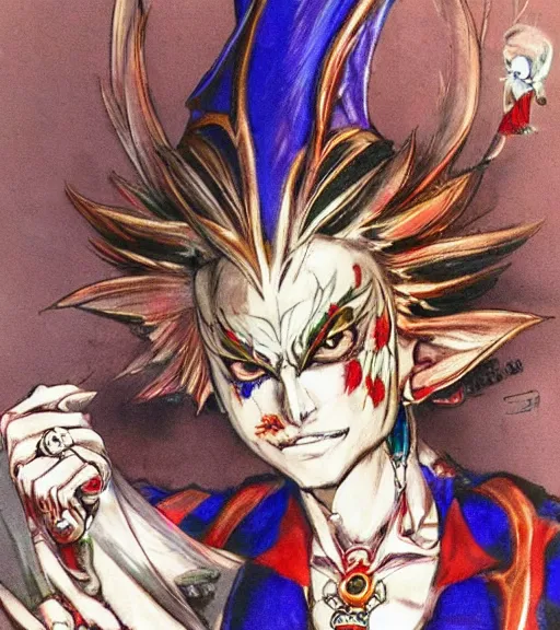 Image similar to kefka palazzo using a smartphone!!!!!!! by yoshitaka amano, concept art