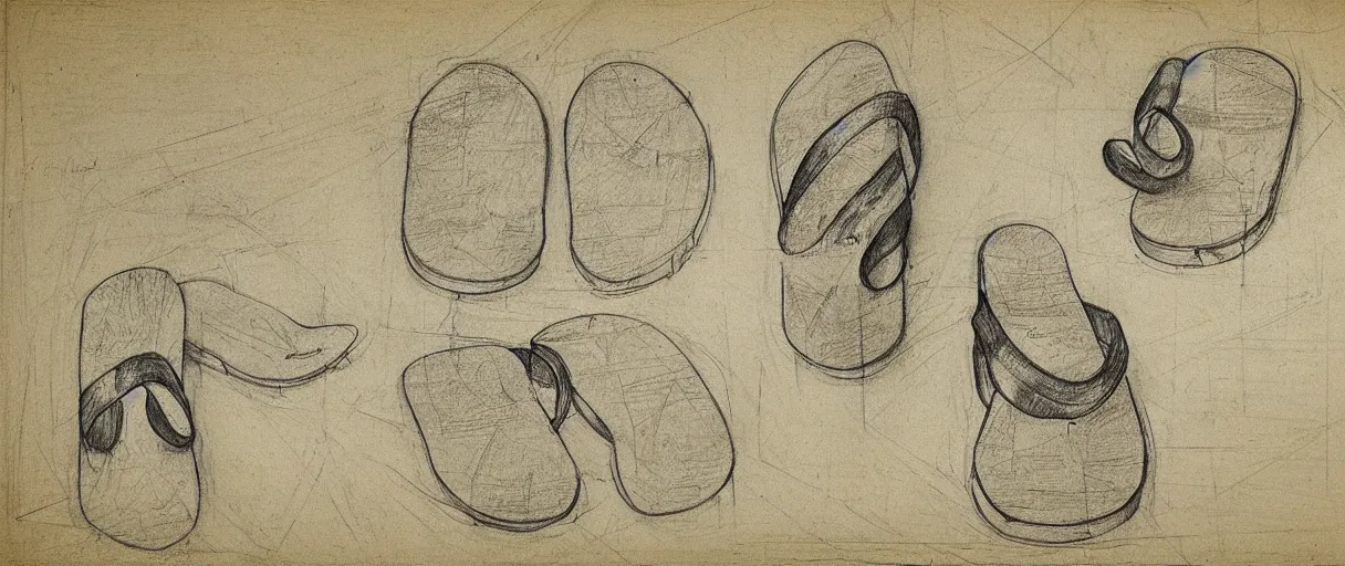 Image similar to detailed blueprint sketches of flip flops, by leonardo davinci, on yellow paper, worn, pencil, sketch