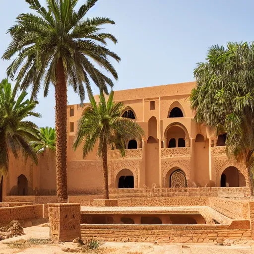 Image similar to landscape photograph of a large najdi mud house palace with gardens and palm trees. Detailed