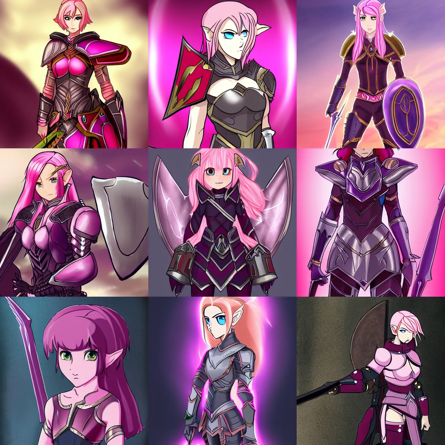 Prompt: beautiful pink short haired half elf woman with armor and a shield, anime style, 4 k, samdoesart