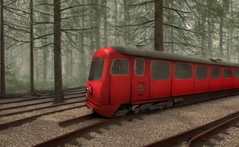 Prompt: a red train parked in a train station near a forest, anime style, pixar and disney style, cartoon, high coherence, highly detailed, high quality, 4 k, symmetrical, low contrast, soft lighting, path traced, high color vibrance, hyperrealistic, digital art, concept art, trending on deviantart, masterpiece, digital painting, serene scene