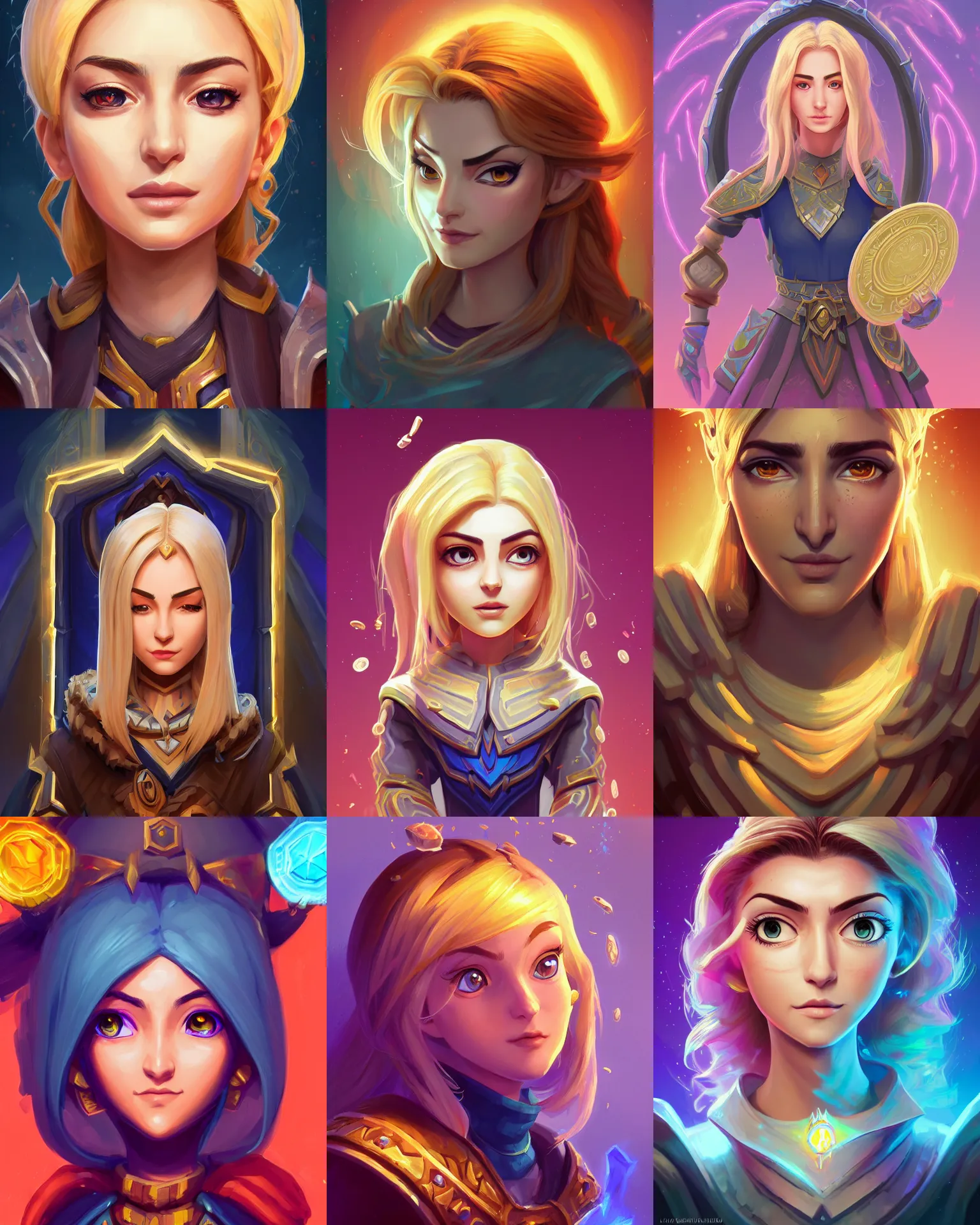 Prompt: masterpiece head-on symmetrical centered painted portrait, just one head, Maya Ali as Hearthstone mage, blonde hair, RPG character avatar, Hearthstone concept art, pixar, dreamworks, gradient background, splash comics, global illumination lighting, trending on artstation, by lois van baarle, ilya kuvshinov, rossdraws