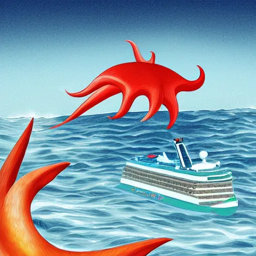 Prompt: A giant squid destroying a cruise ship in the middle of the ocean, digital art