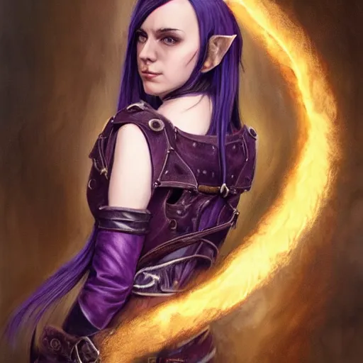 Image similar to oil painting a female medieval fantasy tolkien elf, dark purplish hair tucked behind ears, wearing leather with a fur lined collar, wide face, muscular build, scar across the nose, cinematic, character art, l, detailed.