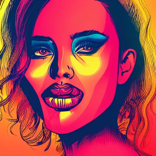 Prompt: a closeup of a woman biting her lip, in retro colors, synthwave style, 2 d digital vector art