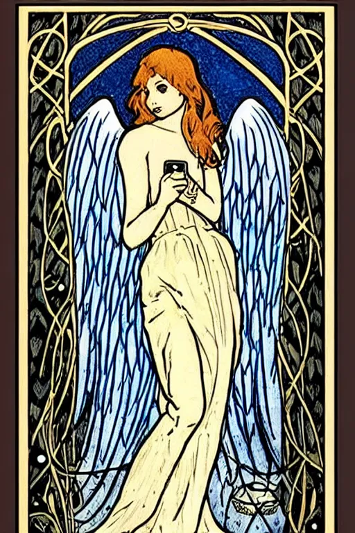 Prompt: a Tarot card depicting an angel, in the style of art nouveau