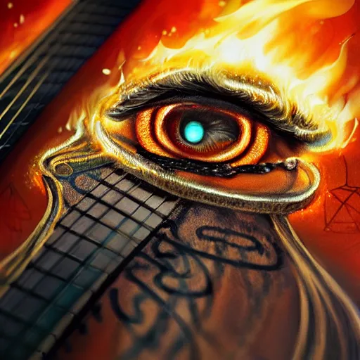 Image similar to eyes, fire, guitar, extremely Highly detailed, Occult, funny, humorous, humor, hilarious, funny, entertaining, magical, trending on artstationHQ, closeup, D&D, intricate, elegant, highly detailed, digital painting, artstation, concept art, matte, sharp focus, illustration, surrealism