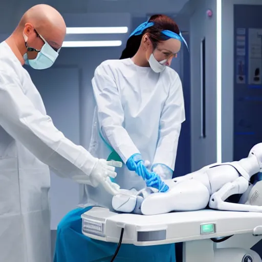 Prompt: realistic. high tech room, all white, sci fi. humanoid robot laying on operating table. female surgeon standing by