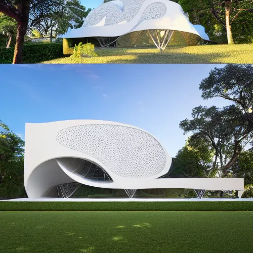 Prompt: evolving fractal, flowing white architectural Villa, futuristic 3D, voronoi pattern pavilion with magnolias on the roof, perforated shaders, sunrays through the pavilion structure, lush botanical trees, prairie landscaping, sunrise, golden hour, illuminated pool, fluffy clouds