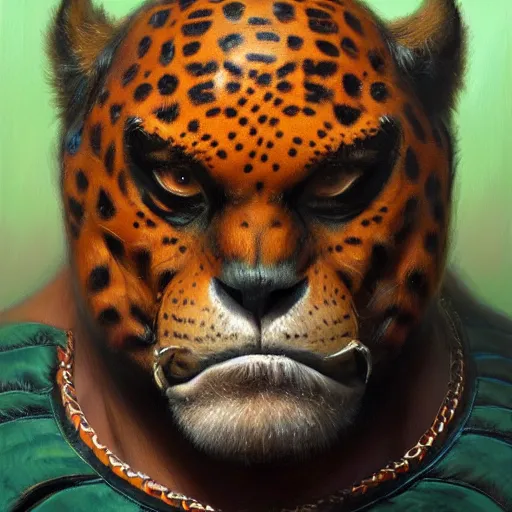 Image similar to Buff wrestler wearing a jaguar mask, closeup character portrait art by Donato Giancola, Craig Mullins, digital art, trending on artstation