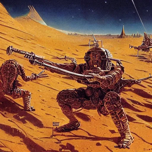 Image similar to sardaukar warrior on mars, vintage sci - fi art, by bruce pennington