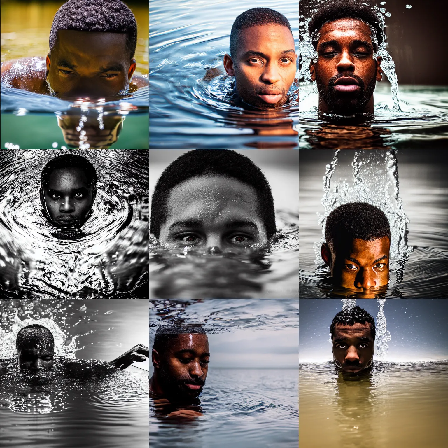 Prompt: a black man fully submerged ecxept of the top of his head, horrified look in his eyes, water reflection, sigma 85mm