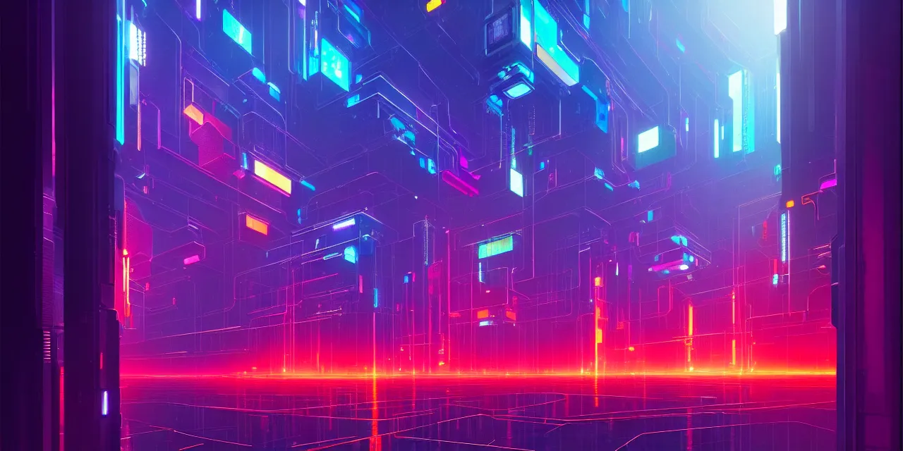 Image similar to a chain of cyberpunk colorful cubes locked and interconnected with glowing tubes, blockchain, symmetry, intricate, volumetric lighting, beautiful, rich deep colors masterpiece, sharp focus, ultra detailed, in the style of john harris