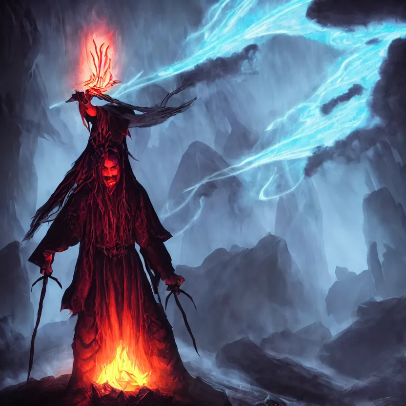 Image similar to a WOTC DnD archmage wizard, spellcasting fire magic spell, sinister dungeon scene, high contrast, cinematic ambient lighting, fantasy LOTR matte painting illustration