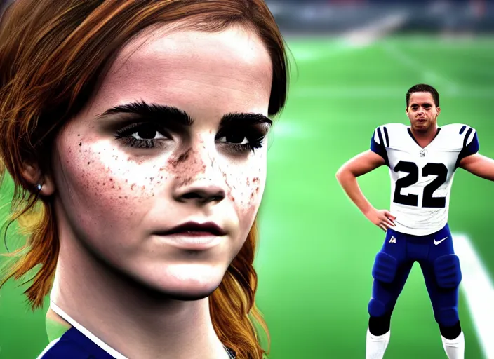 Prompt: facial portrait of a football player on the sidelines, cornerback emma watson, reddit contest winner, madden 2 1, ps 4, character design