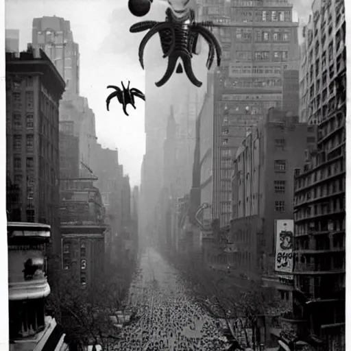 Image similar to vintage photo ( 1 9 3 6 ) of alien invasion in new york