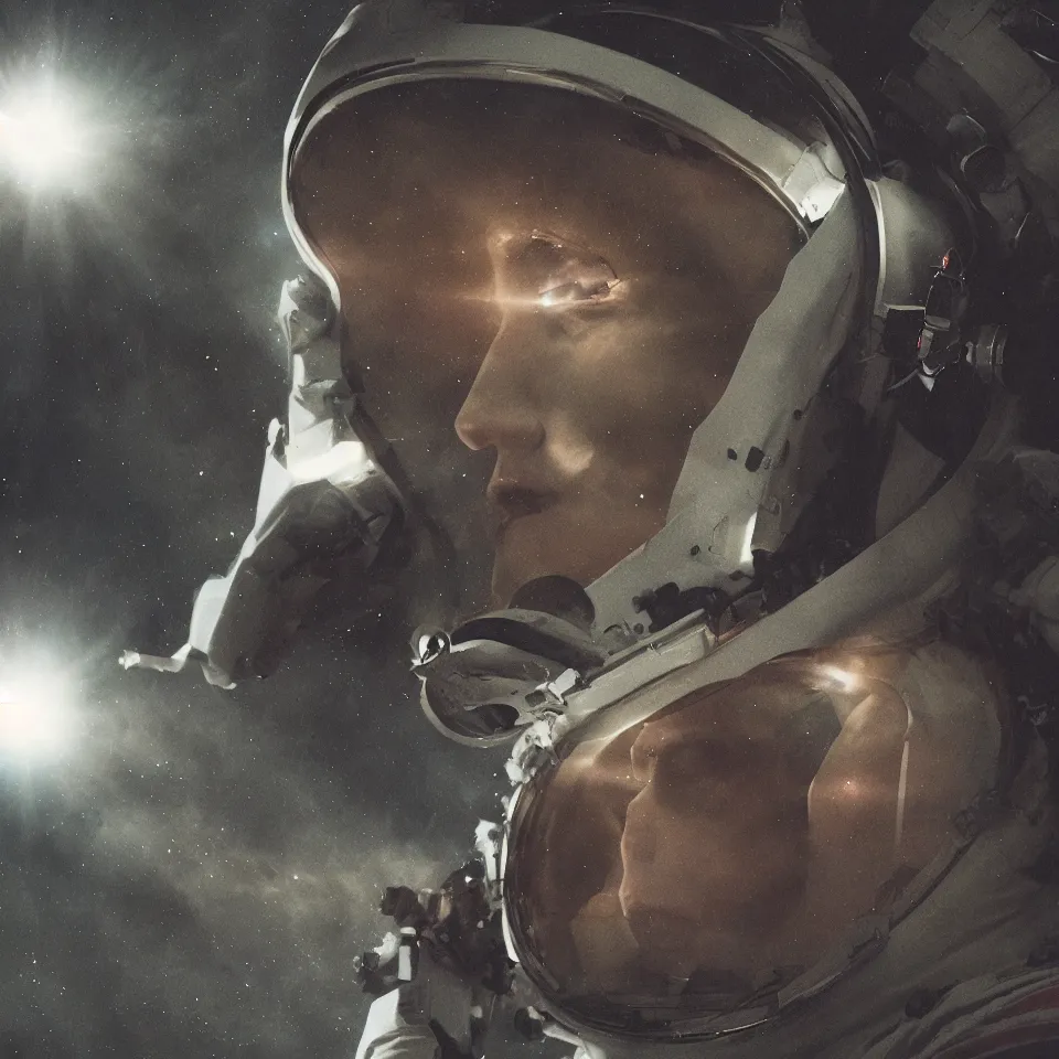 Image similar to portrait of a astronaut wearing head phones by ben templesmith, epic composition, hd, volumetric lighting, light rays, masterpiece, award - winning