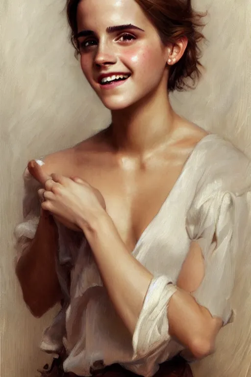 Image similar to emma watson smiling gathered faille v - neck detailed portrait painting by gaston bussiere craig mullins j. c. leyendecker photograph photorealsitic octane render