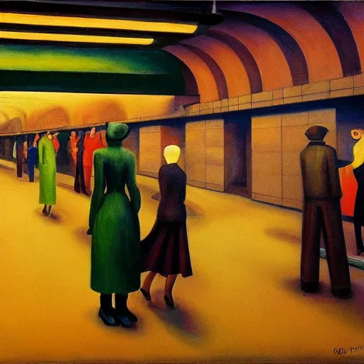 Image similar to crowded subway station interior, art deco, brutalism, dystopian, pj crook, edward hopper, oil on canvas