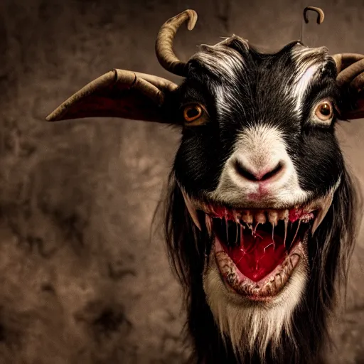 Image similar to horror photography, cinematic, moody, screeching mutant goat monster with a mouth crammed full of sharp teeth and filthy matted fur