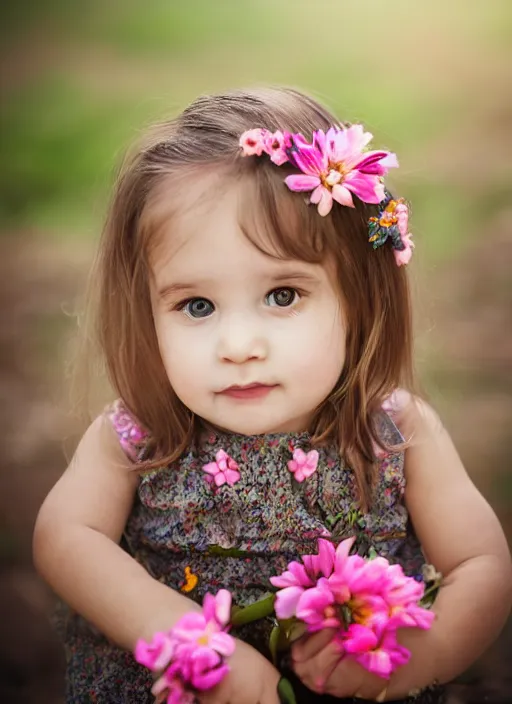 Prompt: portrait of a 1 year old woman, symmetrical face, flowers in her hair, she has the beautiful calm face of her mother, slightly smiling, ambient light
