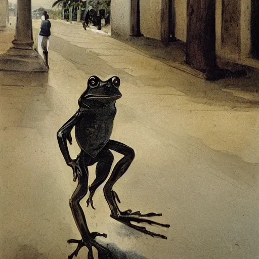 Image similar to painting of a bipedal frog walking down the hollywood walk of fame, palm trees, francisco goya
